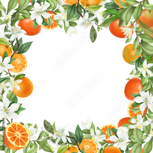 Card template, frame of hand drawn blooming mandarin tree branches, flowers and mandarins on white background