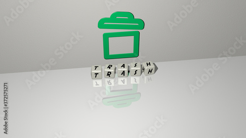 trash text of cubic dice letters on the floor and 3D icon on the wall, 3D illustration for garbage and background