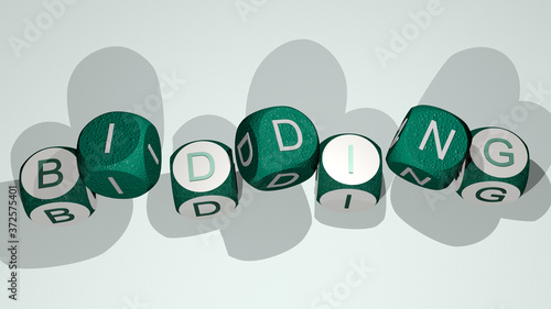 BIDDING text by dancing dice letters, 3D illustration for auction and business