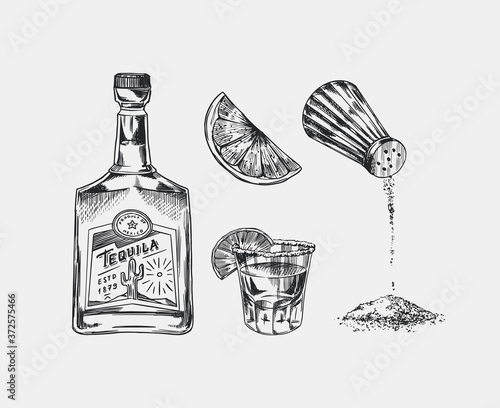 Bottle of tequila, salt and shot with lime and label for retro poster or banner. Mexican drink. Engraved hand drawn vintage sketch. Woodcut style. Vector illustration.