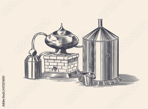 Distilled alcohol. Device for preparing tequila, cognac and spirits. Engraved hand drawn vintage sketch. Woodcut style. Vector illustration for menu or poster.