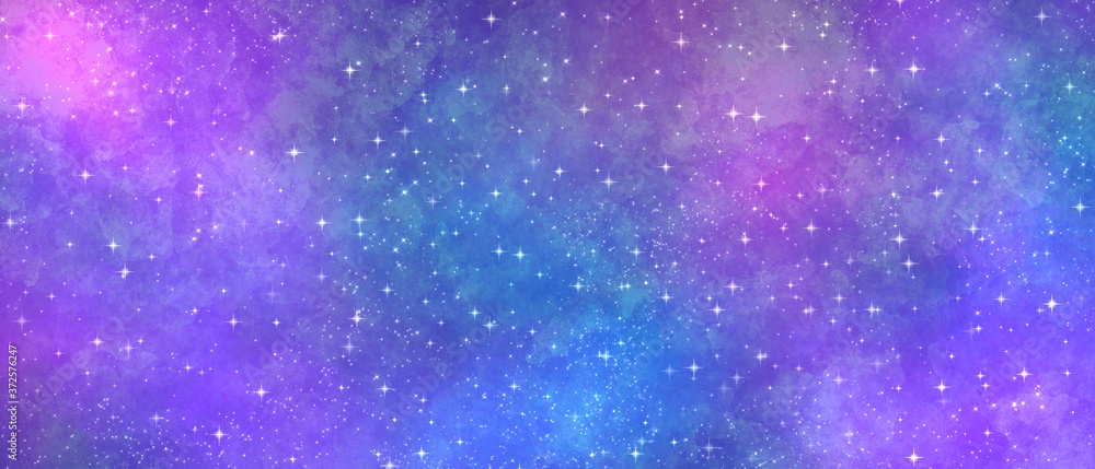 cosmic bright blue magenta grunge watercolor background with stars and shine, sparkles and clouds.