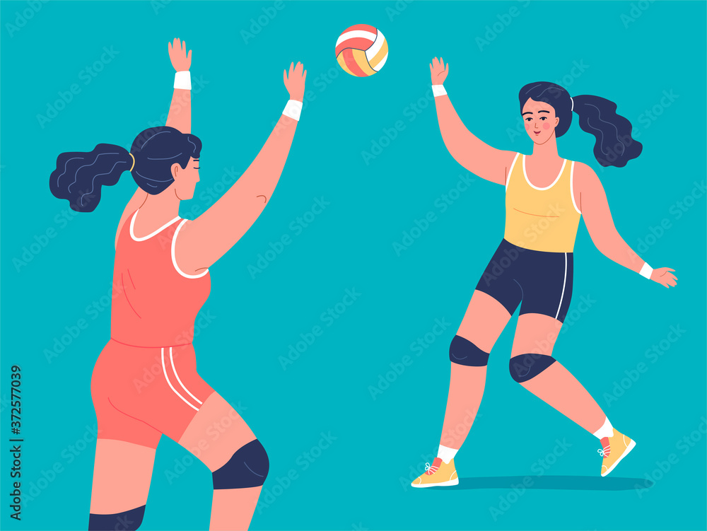 Young sporty women playing volleyball vector illustration 
