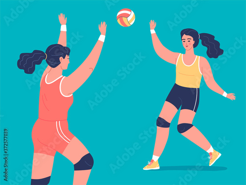 Young sporty women playing volleyball vector illustration 