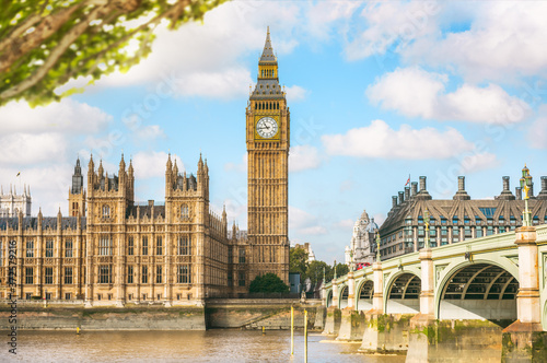 London travel landscape background of Big Ben Clock Tower Palace of Westminster, Parliament of the United Kingdom. Spring Europe tourist destination.