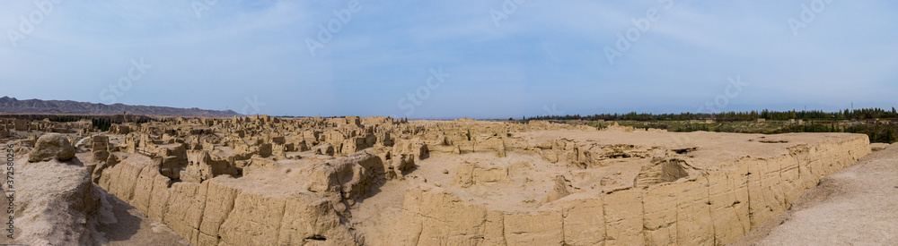 Panorama of ancient city ruins of Jiaohe or Yarkhoto dating back to 100 BC in Turpan, Xinjiang, China
