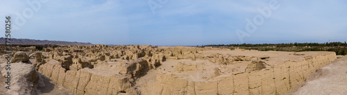 Panorama of ancient city ruins of Jiaohe or Yarkhoto dating back to 100 BC in Turpan  Xinjiang  China 