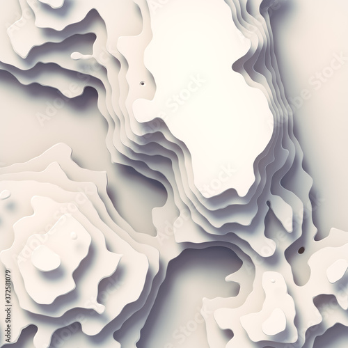 White 3D rendering topographic map background concept. Wavy backdrop