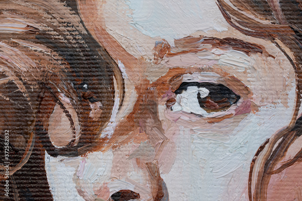 Macro. Fragment of oil painting. Portrait of a girl with an expressive look.Art.