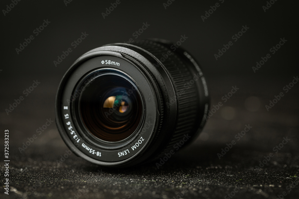macro shot of zoom camera lens on the black background
