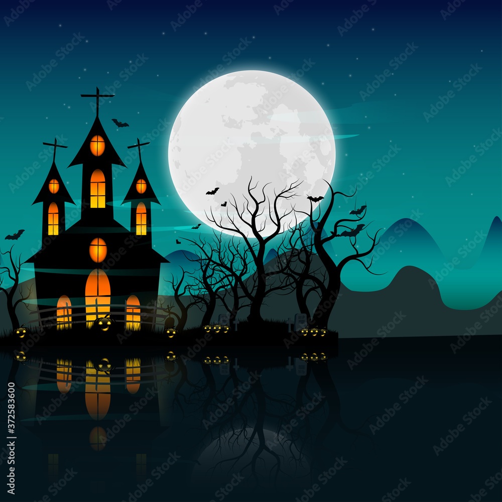 Vector Halloween pumpkins and dark castle on blue Moon and River background