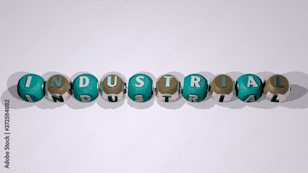 crosswords of INDUSTRIAL arranged by cubic letters on a mirror floor, concept meaning and presentation for background and illustration crosswords of INDUSTRIAL arranged by cubic letters on a mirror floor, concept meaning and presentation for background and illustration