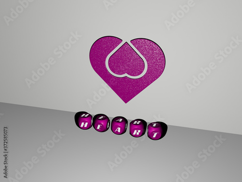 3D illustration of heart graphics and text made by metallic dice letters for the related meanings of the concept and presentations for background and love photo