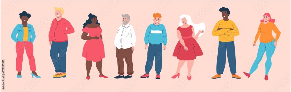 Body positive concept with a diverse group of plus size and overweight people standing in a line, colored vector illustration