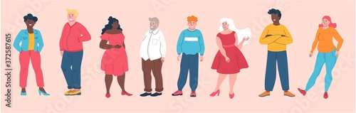 Body positive concept with a diverse group of plus size and overweight people standing in a line, colored vector illustration
