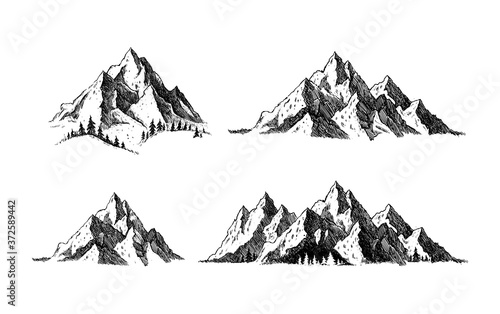 Photography Mountain with pine trees and landscape black on white background
