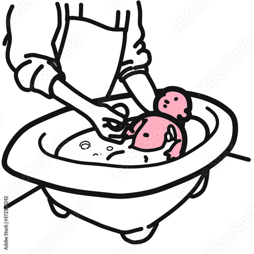 沐浴している赤ちゃんの風景のイラスト