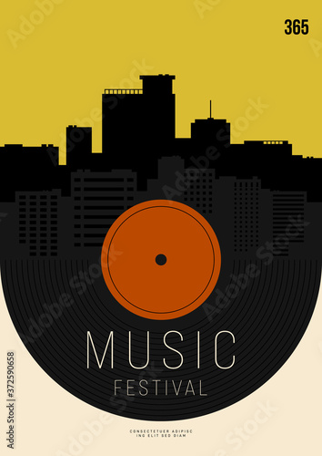 Music poster design template background with vinyl record and urban cityscape