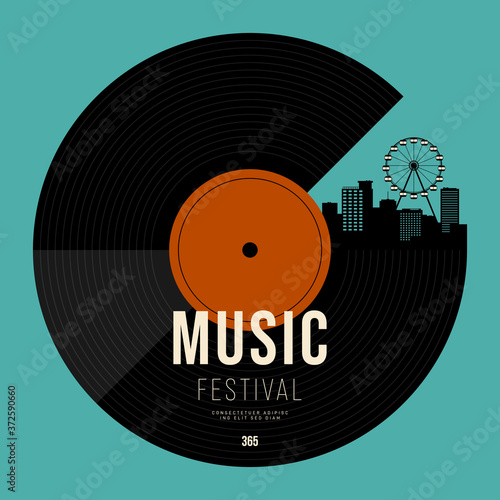 Music poster design template background with vinyl record and urban cityscape