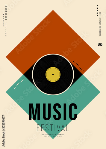 Music poster design template background with vinyl record vintage retro style