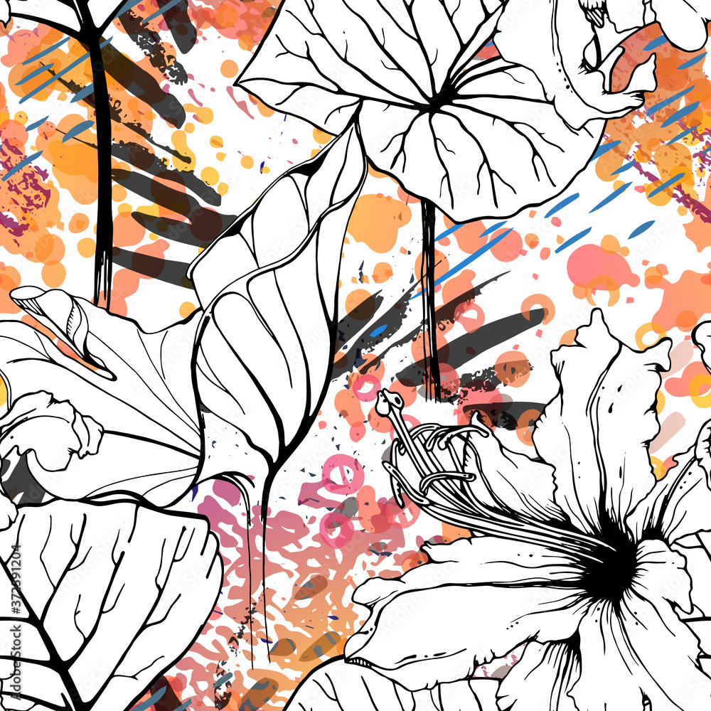 Fototapeta premium Floral Black White Pattern. Modern Watercolor
