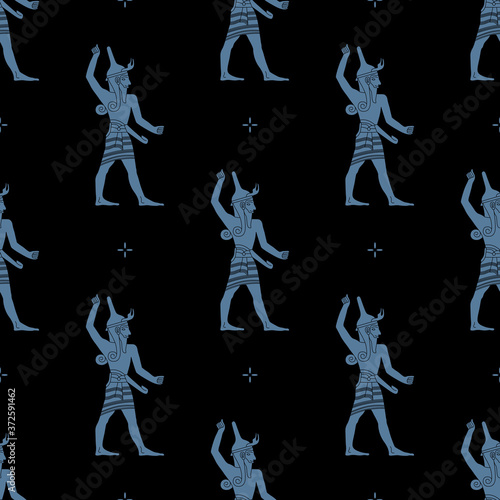 Seamless repeating pattern with silhouettes of ancient god Baal. Ugarit Canaan Hittites culture.