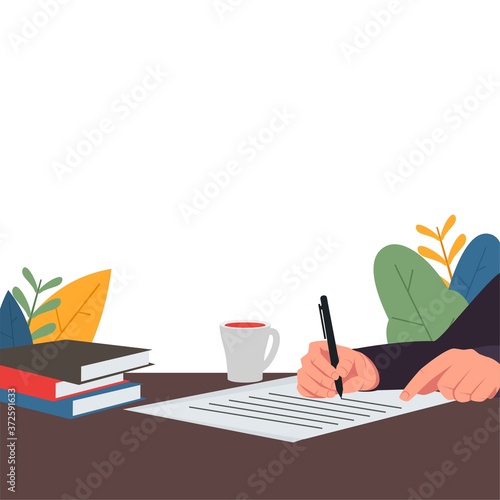 Hand hold pen and write on table. There is cup of coffee and books on table. Has meaning of write diary, journey and agenda. Business flat vector concept illustration.