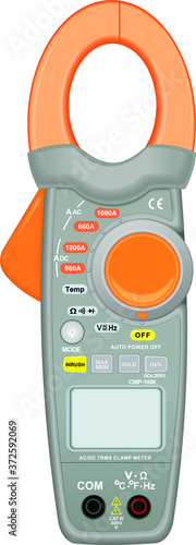 Clamp-on Meter up to 1000 A, with lcd and wheel for changing working modes. Frequency, temperature, resistance and voltage measurement instrument. Vector illustration.
