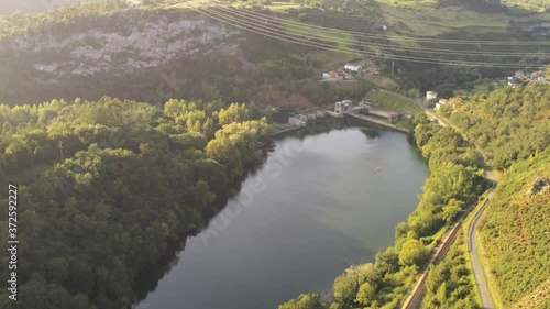 Asturias. Nalon River and beautiful landscape in Priañes.Spain. Aerial Drone Footage photo