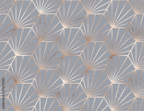 Geometric seamless pattern with gold haxagon tiles.