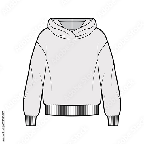 Oversized cotton-fleece hoodie technical fashion illustration with relaxed fit, long sleeves. Flat outwear jumper apparel template front, grey color. Women, men, unisex sweatshirt top CAD mockup