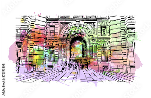 Building view with landmark of Antwerp is a city in Belgium and the capital of Antwerp province in the Flemish Region. Watercolor splash with hand drawn sketch illustration in vector. photo