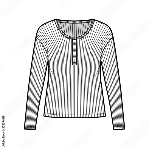 Ribbed classic men's styles cotton-jersey top technical fashion illustration with long sleeves, scoop henley neckline. Flat outwear shirt apparel template front, white color. Women men unisex knit CAD