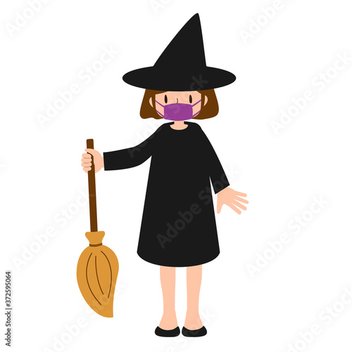 魔女の仮装をしたマスクの女の子のイラスト