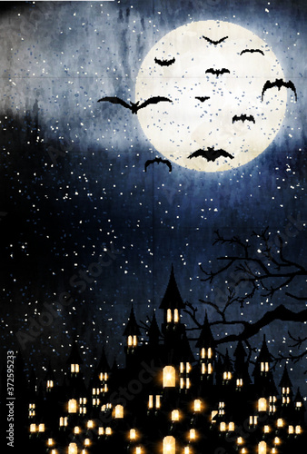 ハロウィン　水彩　夜空　背景