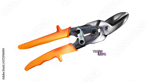 Chrome hand metal shears, modern steel realistic tool with orange handles. Scissors for cutting sheet steel, work instrument isolated on white background. Vector illustration