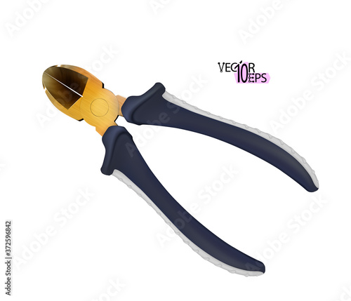 Realistic Wire cutters with rubber, plastic handles isolated on white background. For removing nails from wood. Modern carpenters hand tools for repair and construction. Vector illustration.
