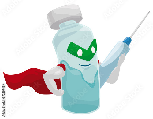 Vaccine Vial like Superhero with Syringe ready for Action, Vector Illustration