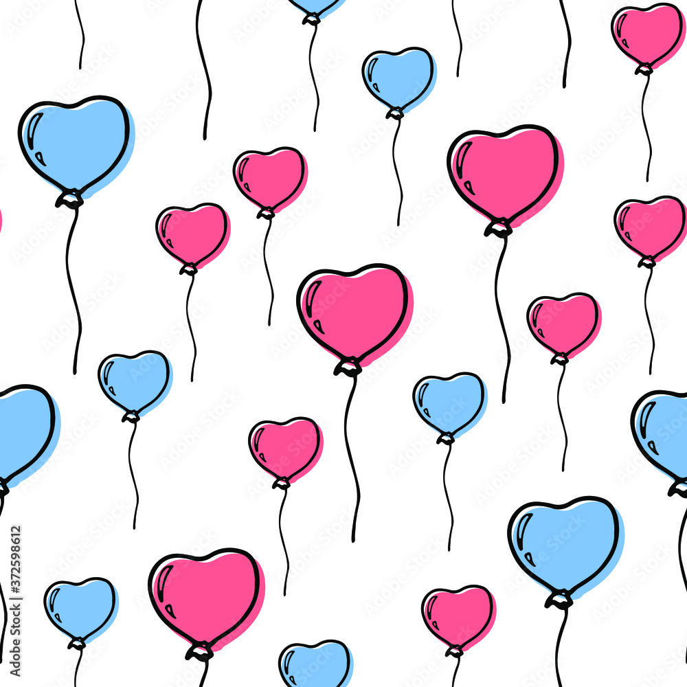 Happy Valentine’s Day seamless pattern with heart shape blue and pink balloons. Hand drawn doodle style decoration. Love symbol. Baby shower design. For fabric, textile, wallpaper. Vector illustration