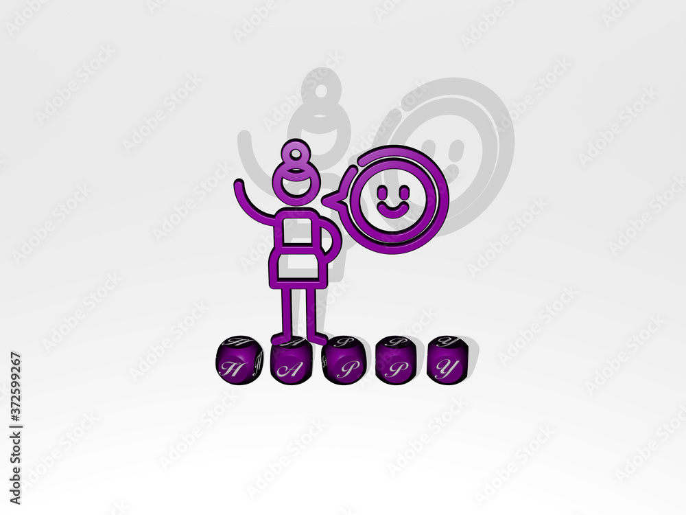 HAPPY 3D icon over cubic letters, 3D illustration for background and beautiful HAPPY 3D icon over cubic letters, 3D illustration for background and beautiful