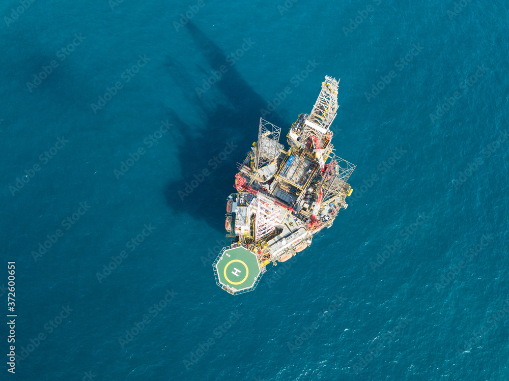 Aerial view offshore jack up rig at the offshore location