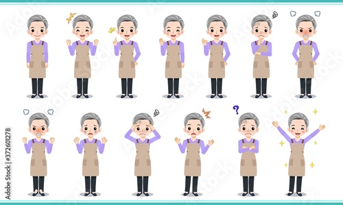 白髪のエプロンを着た女性