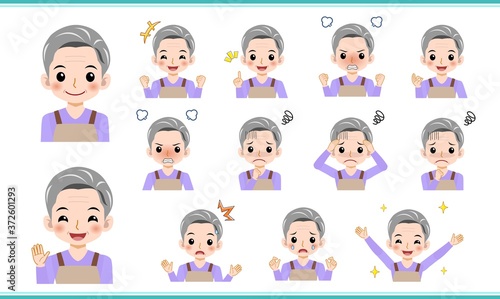 白髪のエプロンを着た女性