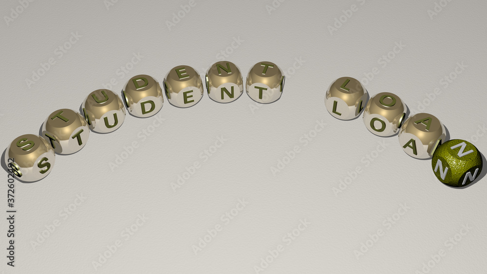 student loan text of dice letters with curvature, 3D illustration for education and girl