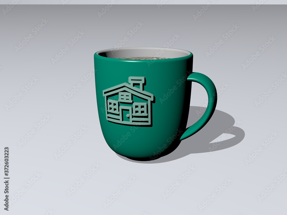 3D illustration of HOUSE icon embossed on a coffee cup over a white background having shadows for building and architecture 3D illustration of HOUSE icon embossed on a coffee cup over a white background having shadows for building and architecture