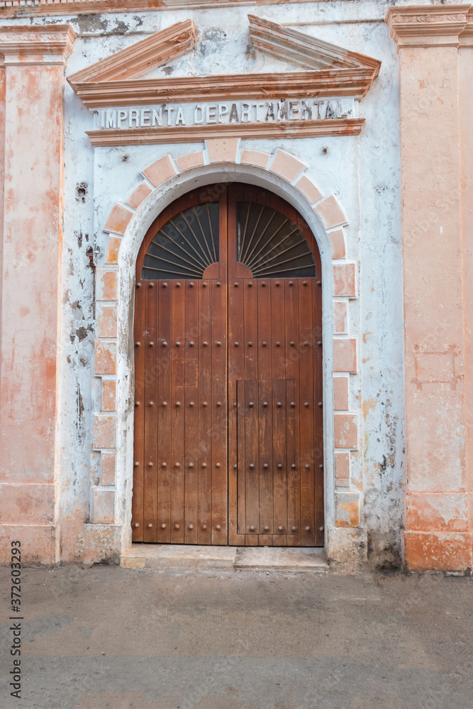 Cartagena, Colonial. August 20, 2020: Colonial door view in Cartagena de Indias, Colombia