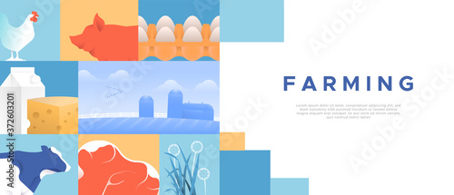 Farming industry web template illustration. Agriculture and farm animal product concept for rural business or food production. Includes dairy, cow, pig, hen, country landscape.
