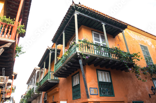 Street corner in Cartagena, Colombia where old colonial balconies converge