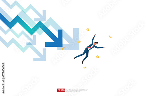 business finance crisis concept with business man character. money fall down with arrow decrease symbol. economy stretching global lost bankrupt. cost declining reduction or loss of income