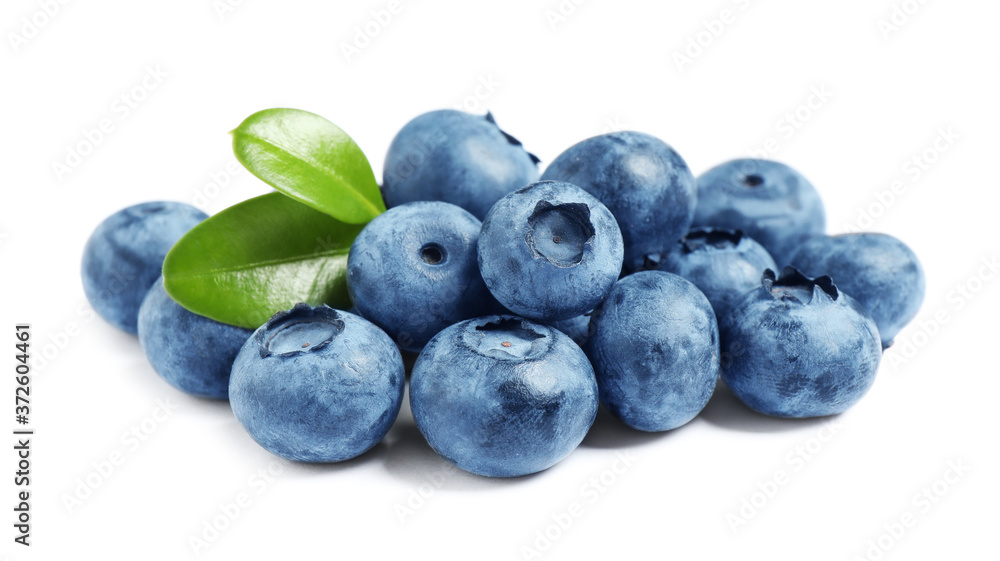 Fresh ripe blueberries with leaves on white background Fresh ripe blueberries with leaves on white background